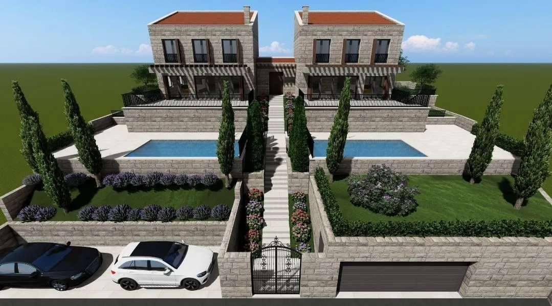 3D vizuelizacija moderne kamene kuće sa bazenom i uređenim dvorištem.
