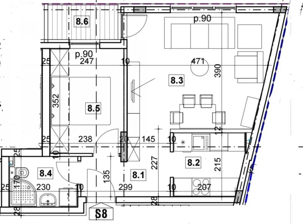 Arhitektonski plan stana sa rasporedom prostorija i dimenzijama.