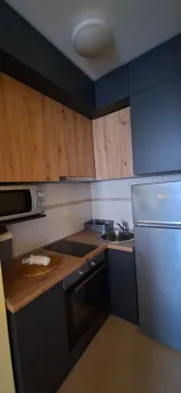 Small equipped kitchen with wooden elements and built-in appliances. - image 4
