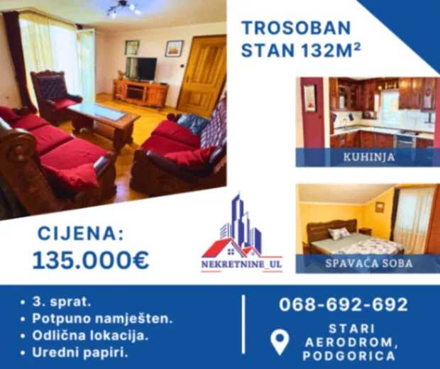 Prodaja, trosoban stan, 132m², Stari Aerodrom, Podgorica