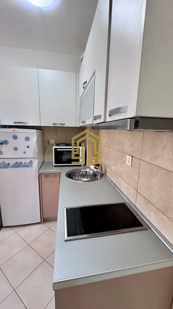 Manja opremljena kuhinja sa ugradnom pločom i frižiderom.