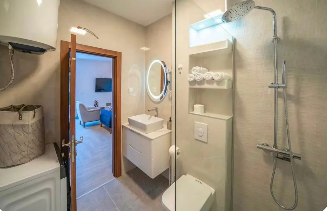 Modern bathroom with a walk-in shower.