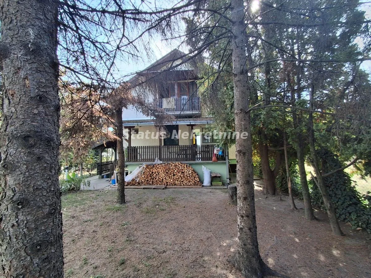 Pogled na dvorište i fasadu porodične kuće sa drvećem.