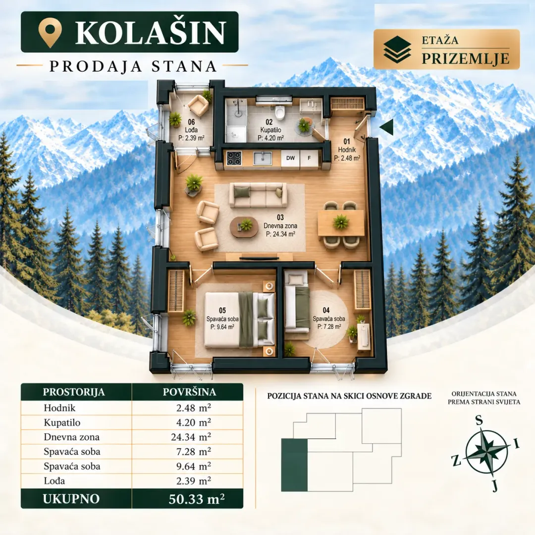 Prodaja, dvosoban stan, 50m², Breza, Kolašin - Plan prostora