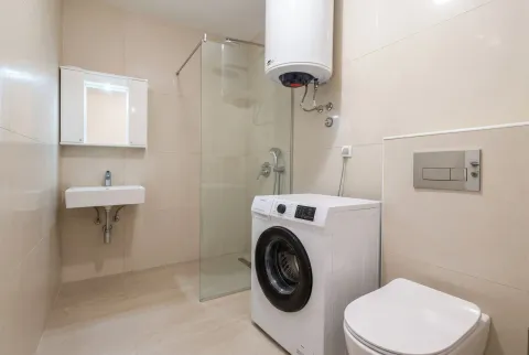 Modernly equipped bathroom with a shower cabin, washbasin, and washing machine. - image 8