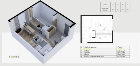 Tlocrt i 3D prikaz garsonjere sa rasporedom prostorija i kvadraturom. - image 14