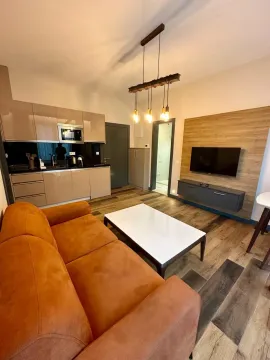 Living room with a sofa, coffee table, and an open kitchen. - image 12