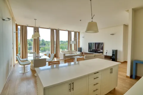 Spacious living room with a dining area and open kitchen, large windows, and modern furniture. - image 12