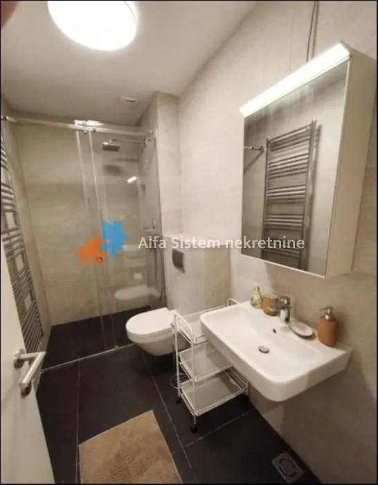 Modern bathroom with a shower cabin, washbasin, and toilet.