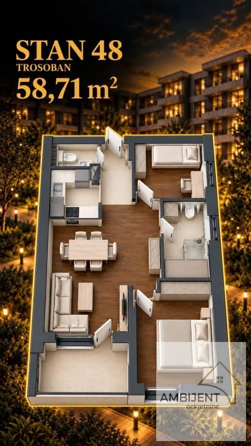 Trodimenzionalni prikaz rasporeda trosobnog stana površine 58,71 m² sa nameštajem.