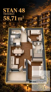 Trodimenzionalni prikaz rasporeda trosobnog stana površine 58,71 m² sa nameštajem. - image 2