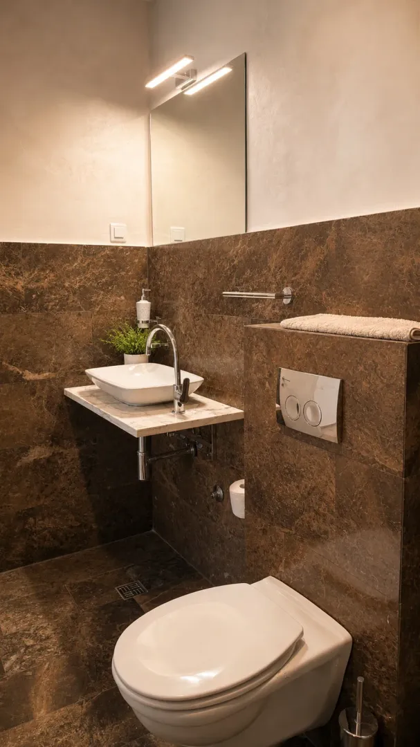 Moderne kupatilo sa umivaonikom i wc šoljom obloženo braon pločicama.