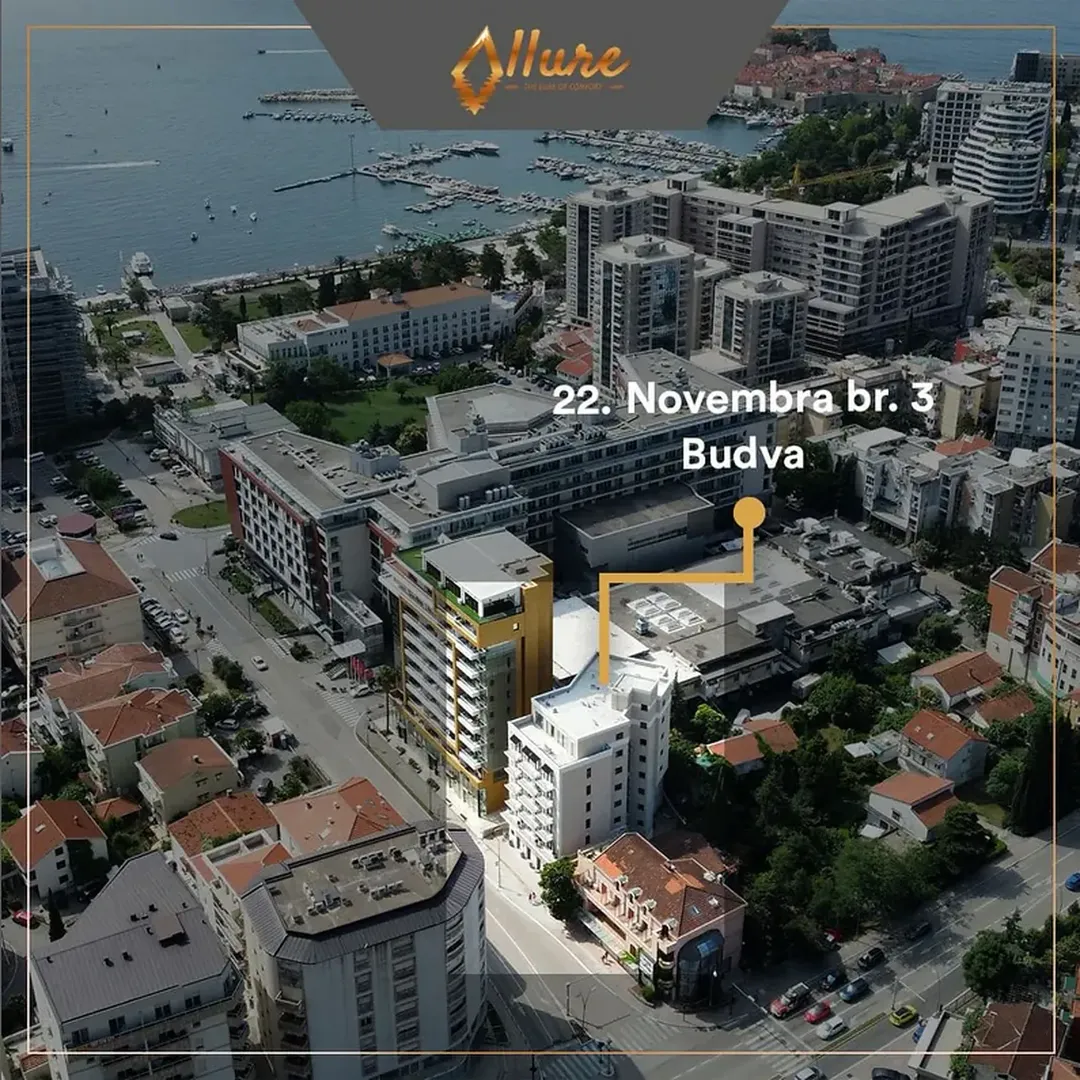 Aerial view of the city location and surrounding buildings.