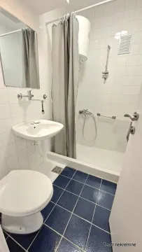 Smaller bathroom with a shower cabin, washbasin, and toilet. - image 9