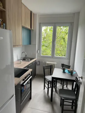 Small kitchen with a dining table and a window overlooking greenery. - image 7