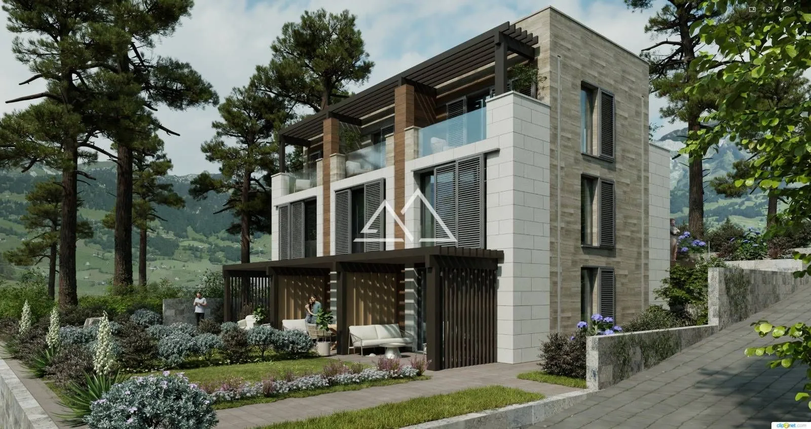 Eksterijer moderne stambene zgrade okružene prirodom i zelenilom.
