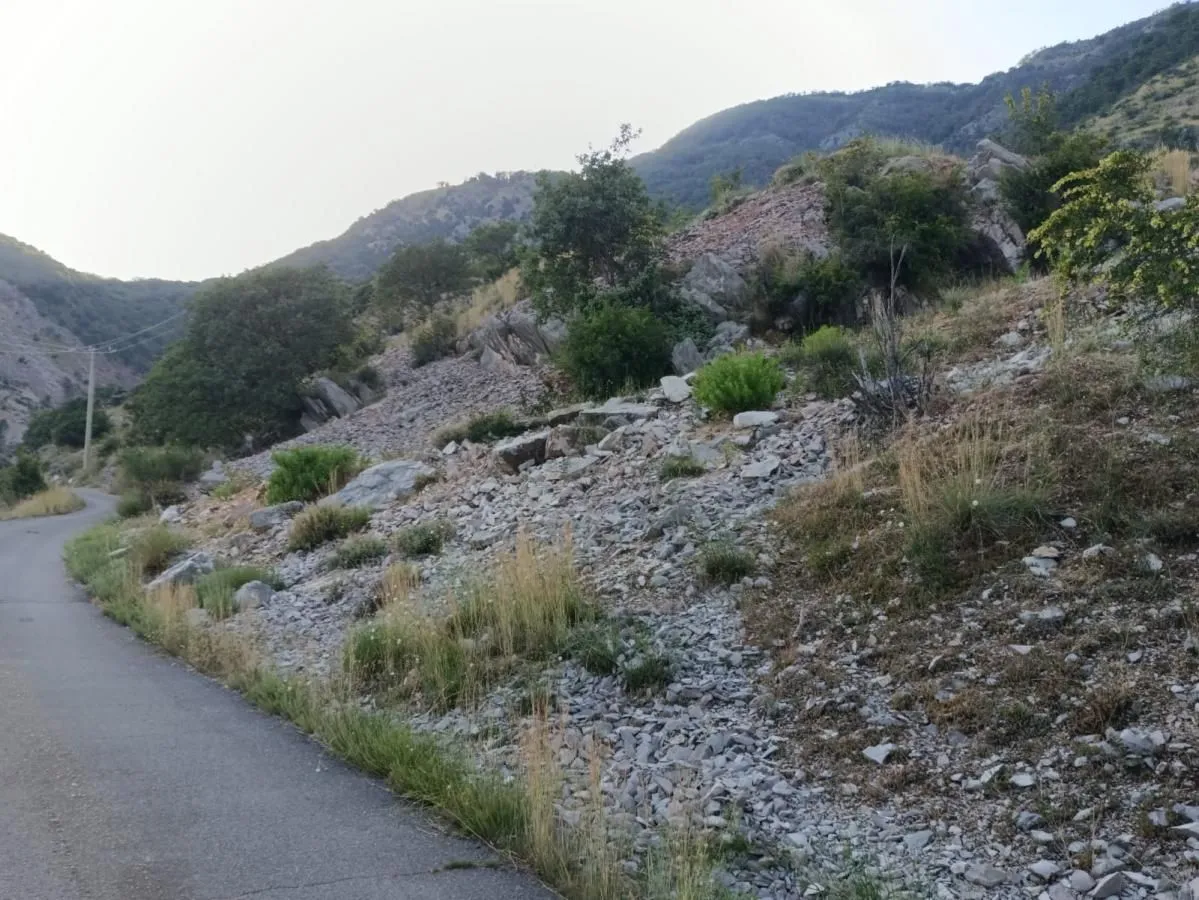 Pogled na strmo zemljište i okolni pejzaž uz lokalni put.
