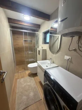 Modernly equipped bathroom with a walk-in shower, washbasin, and washing machine. - image 6
