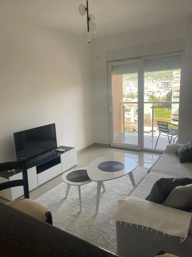 Living room with a sofa, TV, and access to the terrace.