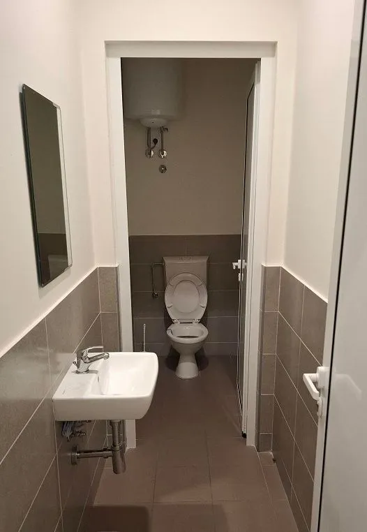 View of the bathroom with a washbasin and toilet.