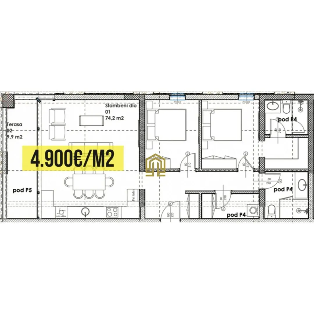 Prodaja, dvosoban stan, 84m², Centar, Budva - Plan prostora