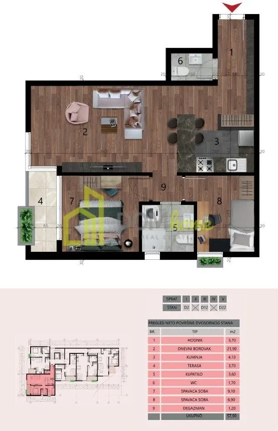Sale, two bedroom apartment, 58m², Šušanj, Bar