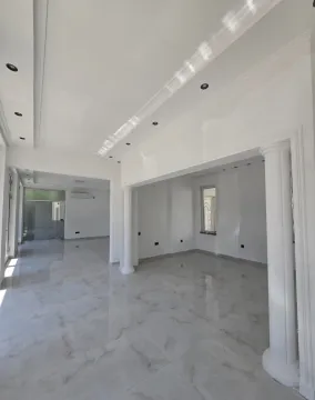 Spacious empty living room with marble flooring and decorative columns. - image 3