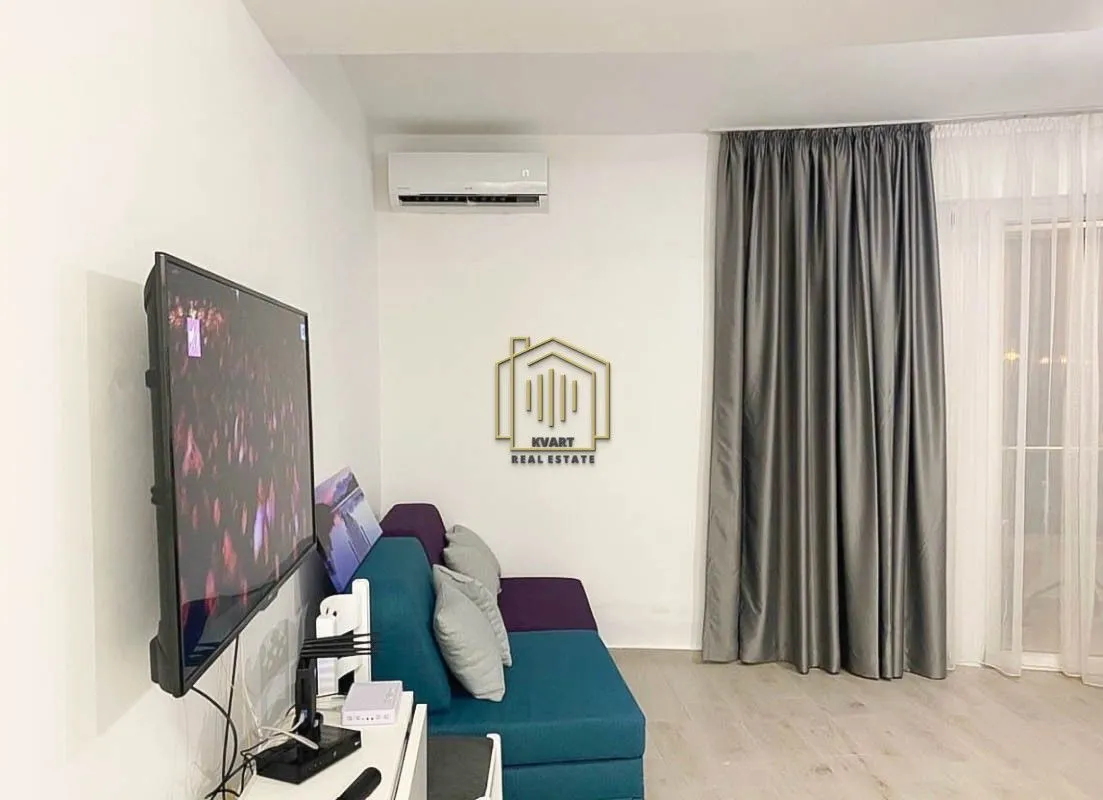 Living room with a sofa, TV, and air conditioning unit.