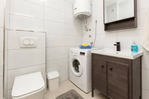 Compactly equipped bathroom with sanitary ware, washbasin, washing machine, and water heater. - image 7