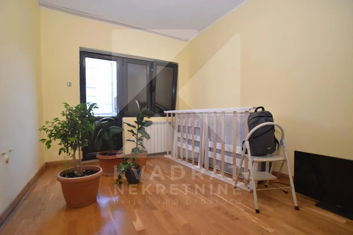 Empty room with hardwood floors, several potted plants, and a door leading to the terrace.