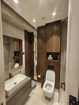 Modern bathroom equipped with a washbasin and a built-in toilet. - image 4