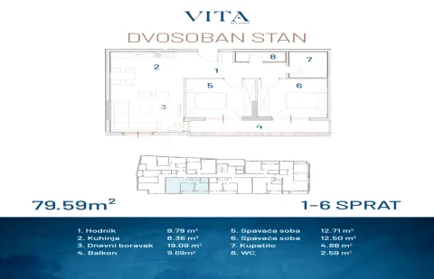 Osnova dvosobnog stana sa rasporedom prostorija i kvadraturom. - image 4