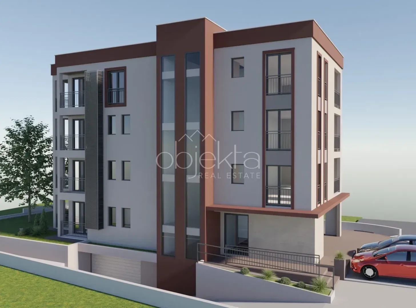 Exterior view of a modern residential building with balconies and parking.