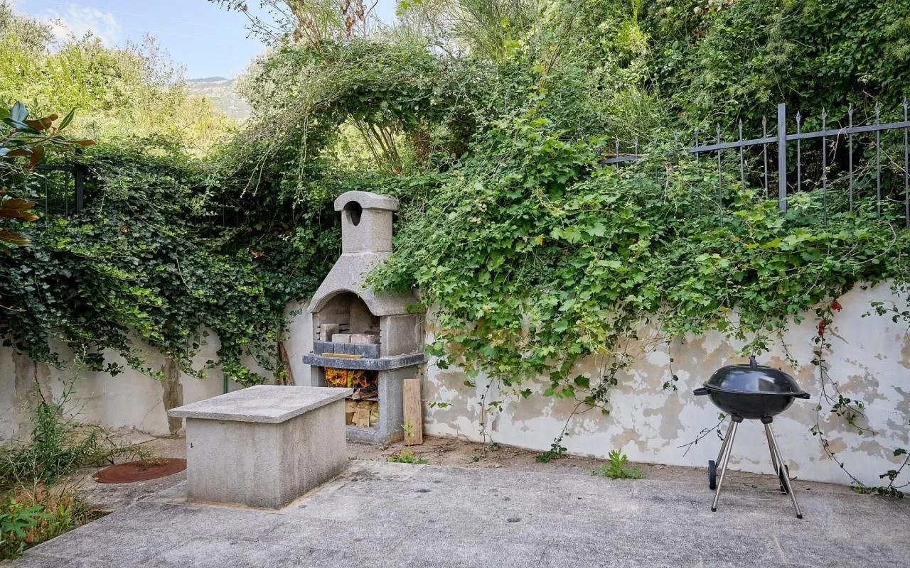 Yard with a stone barbecue and greenery.