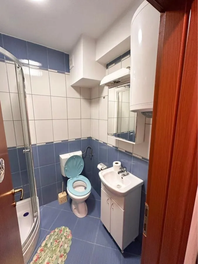 Kupatilo opremljeno tuš kabinom, umivaonikom i toaletom.