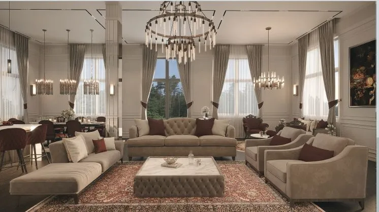 Luksuzni prostrani dnevni boravak sa elegantnim namještajem i raskošnim lusterima.