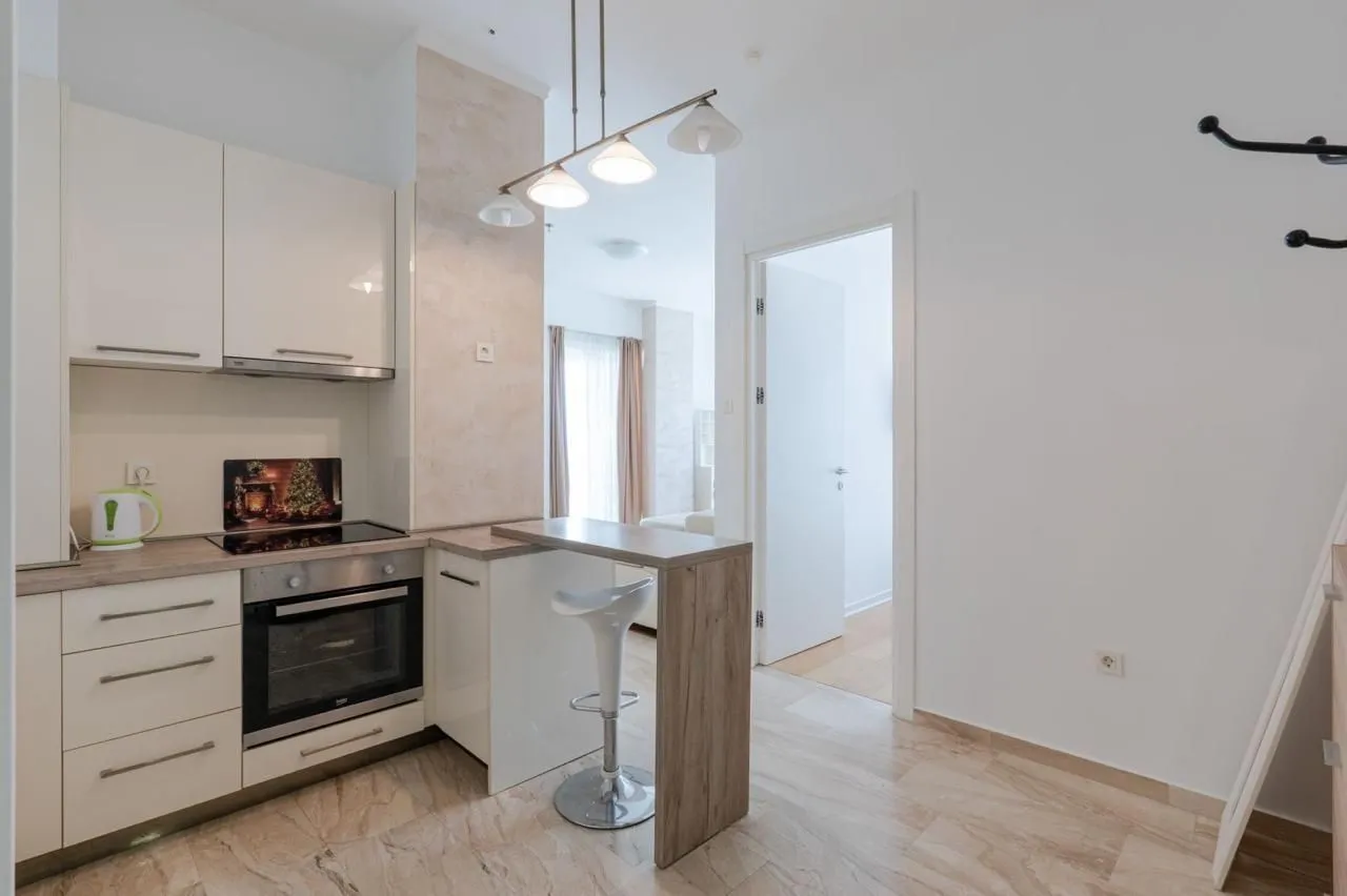 Small bright kitchen with a breakfast bar and built-in appliances within the apartment.