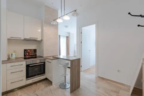 Small bright kitchen with a breakfast bar and built-in appliances within the apartment. - image 5