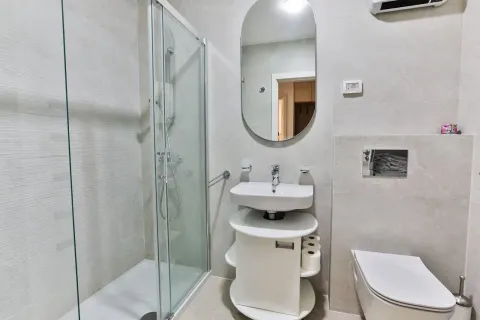 Modernly equipped bathroom with a walk-in shower, washbasin, and toilet. - image 10