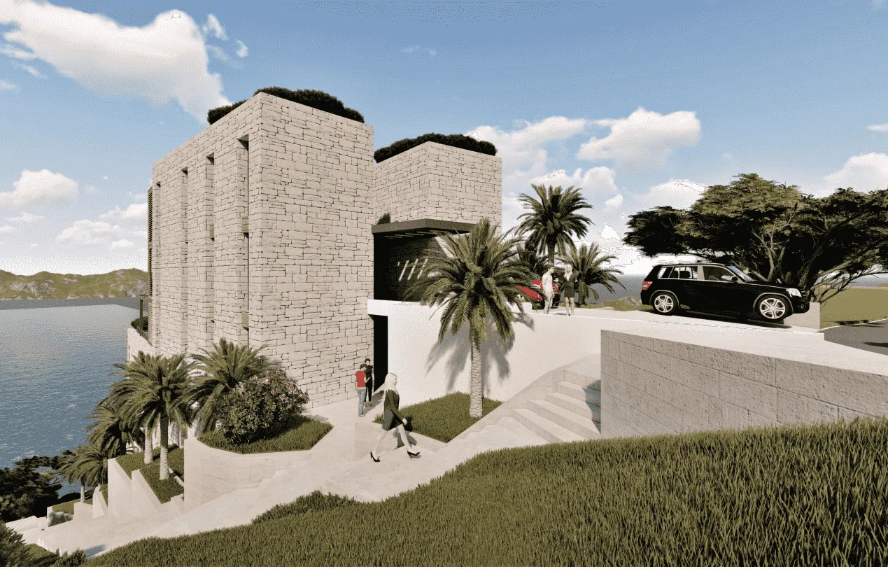 Render eksterijera moderne kamene vile sa pogledom na more i uređenim dvorištem.