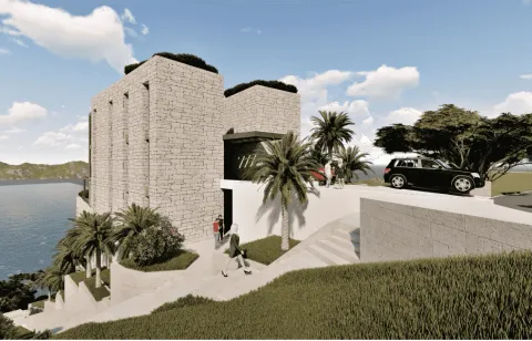 Render eksterijera moderne kamene vile sa pogledom na more i uređenim dvorištem. - image 17