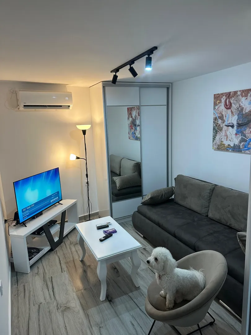 Living room with a sofa, TV, and wardrobe.