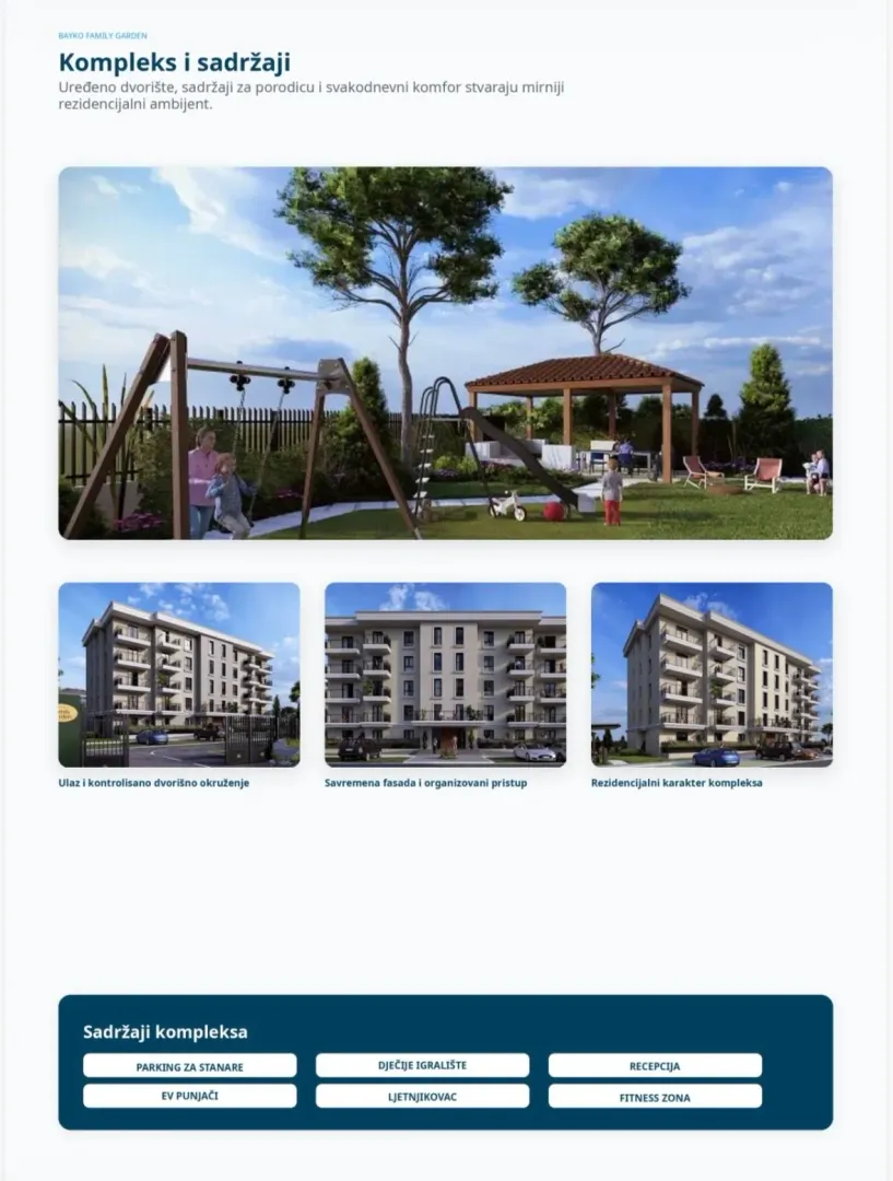 Prikaz eksterijera stambenog kompleksa sa uređenim dvorištem, igralištem i pratećim sadržajima.