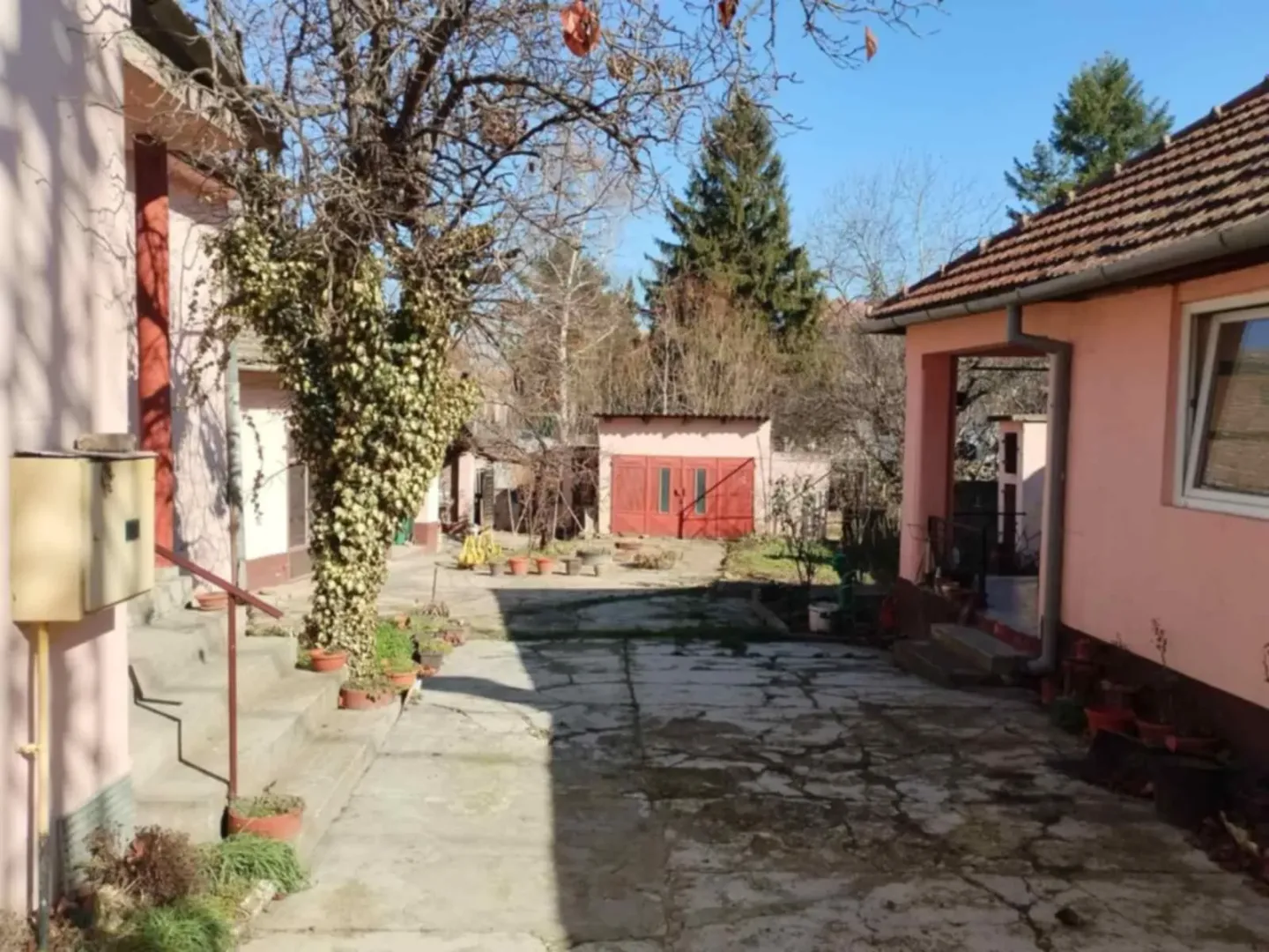 Dvorište porodične kuće sa pomoćnim objektima i zelenilom.
