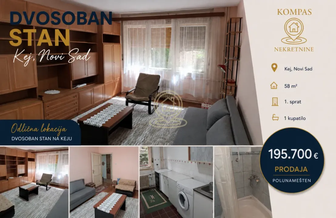 Sale, two bedroom apartment, 58m², Kej, Novi Sad Sve Podlokacije