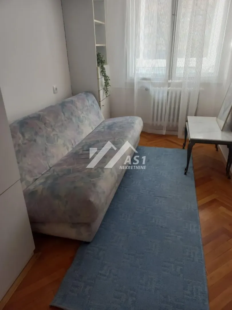 Manja dnevna soba sa kaučem, tepihom i prozorom.