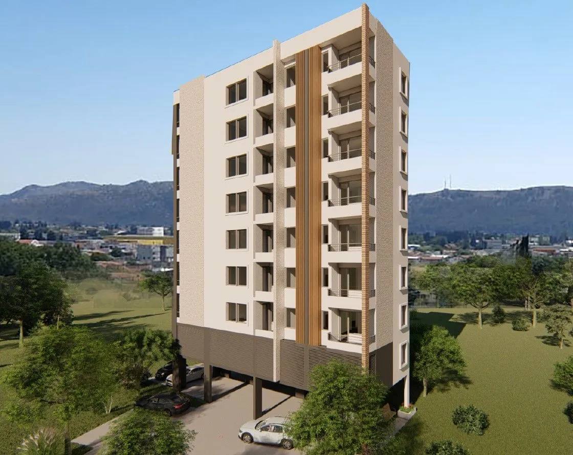 3D render of a new residential building with terraces and parking in the surrounding area.