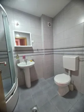 Manje kupatilo sa tuš kabinom, umivaonikom i WC šoljom obloženo svijetlim pločicama. - image 8