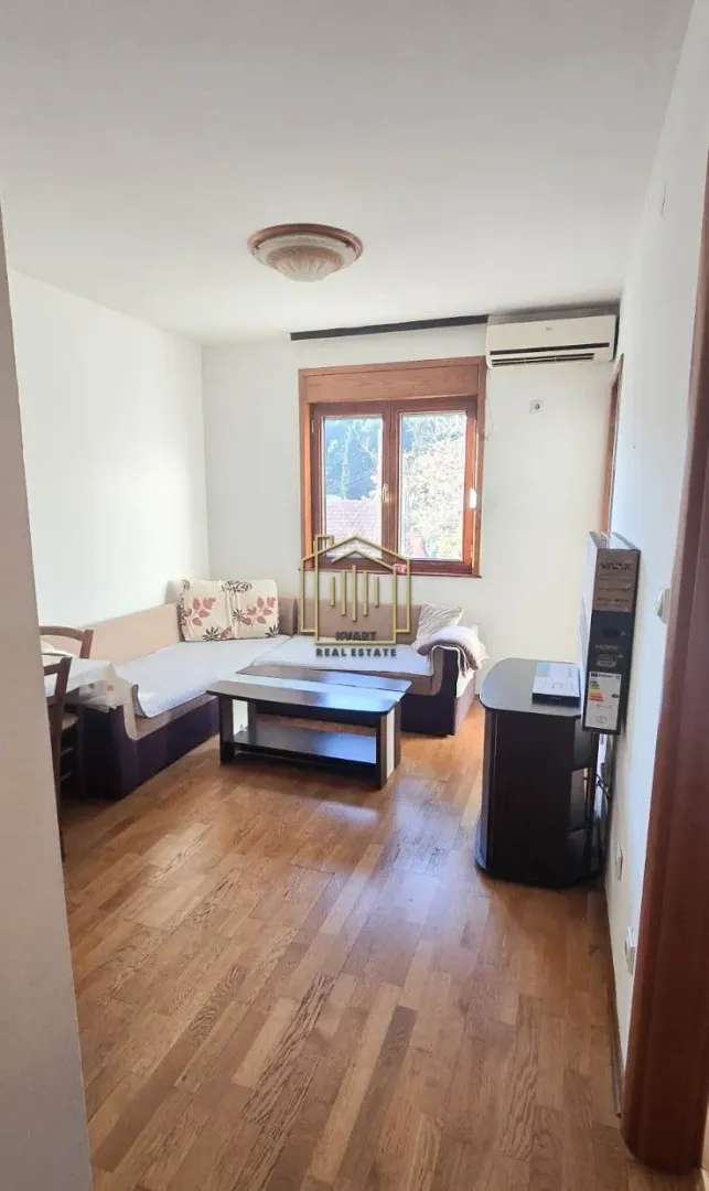 Living room with a sofa, coffee table and wooden flooring.