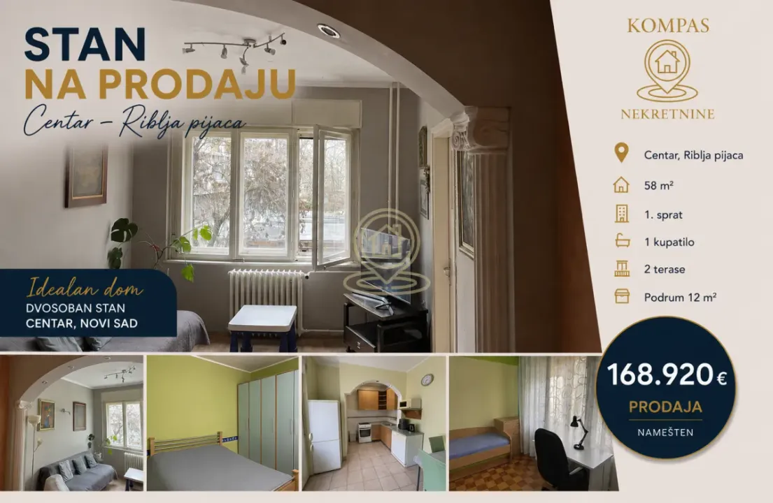 Sale, two bedroom apartment, 58m², Centar, Novi Sad